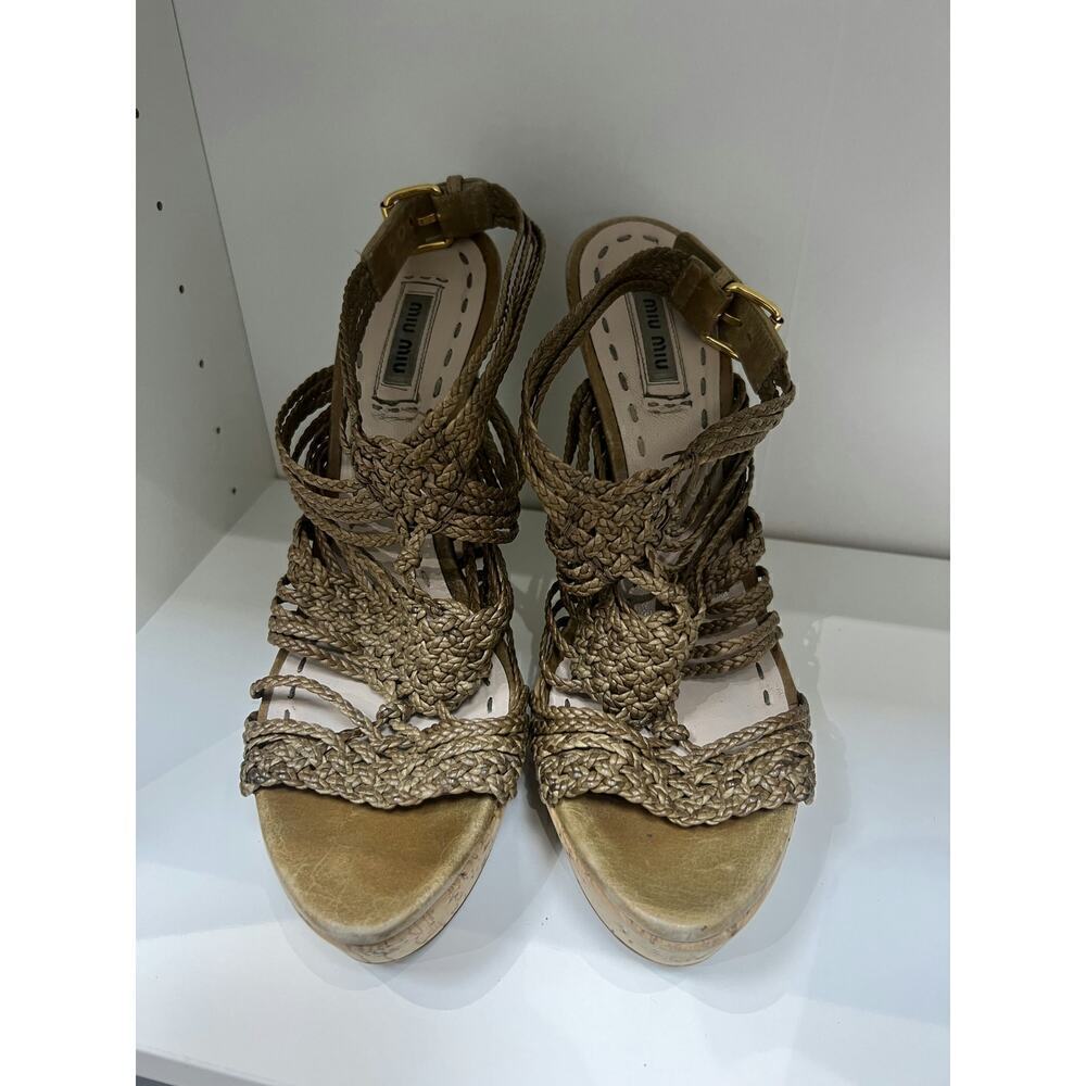 Miu Miu Shine Intreccio Sughero Twine Wedge Sandals - Size 39